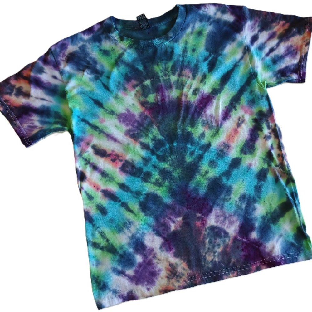 Handmade Abstract Tie Dye T-Shirt Green Purple Black Blue Pink Kids Size Medium - Picture 11 of 16